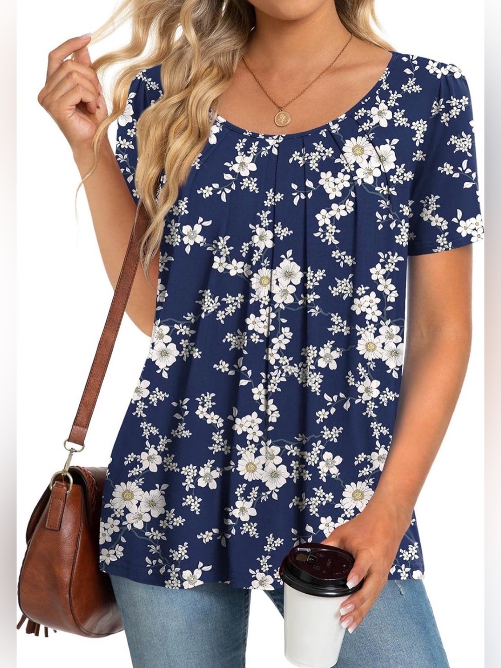 NWT Anymeet Women’s 2XL Blue Floral Short Sleeve Scoop Neck Blouse Top Plus Size